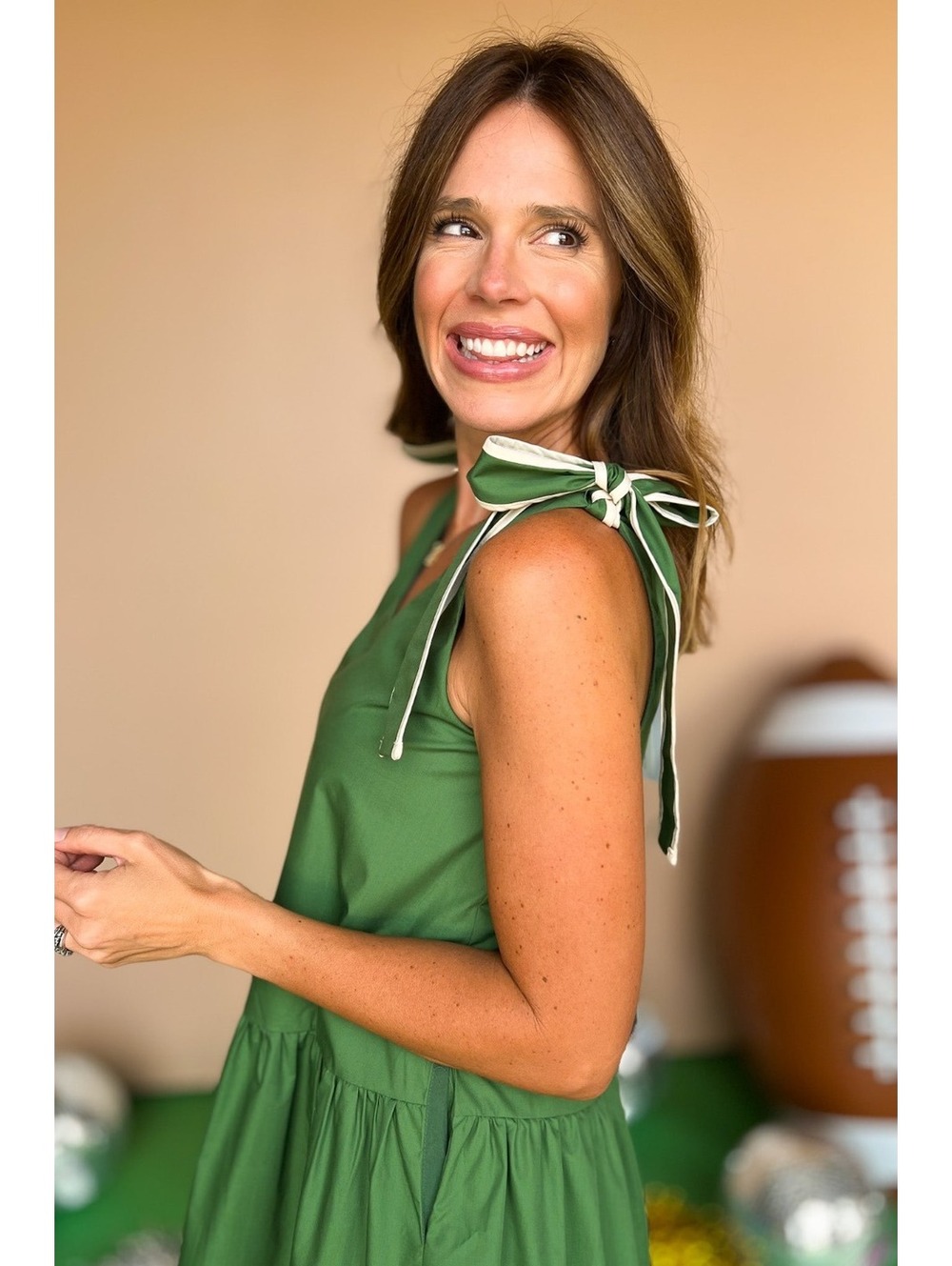 Entro Green Tie Shoulder Drop Waist Mini Dress Size Large - Picture 2 of 7